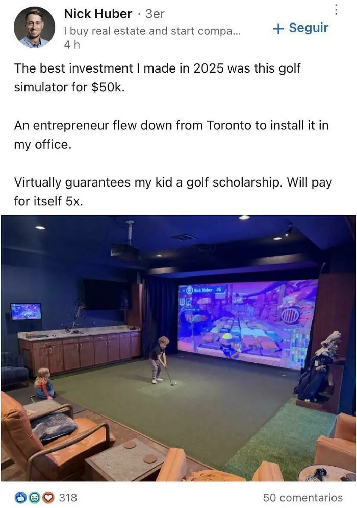 LinkedIn post featuring kids playing golf in a room with golf simulator investment