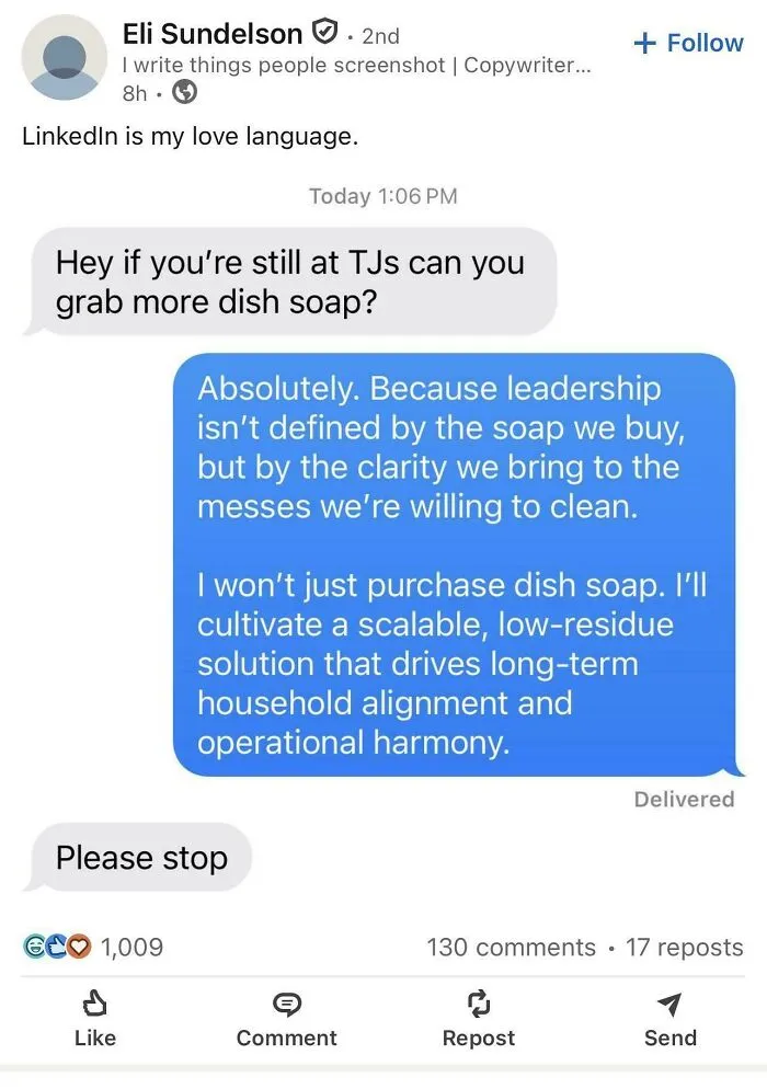 LinkedIn post with humorous text message about leadership and dish soap