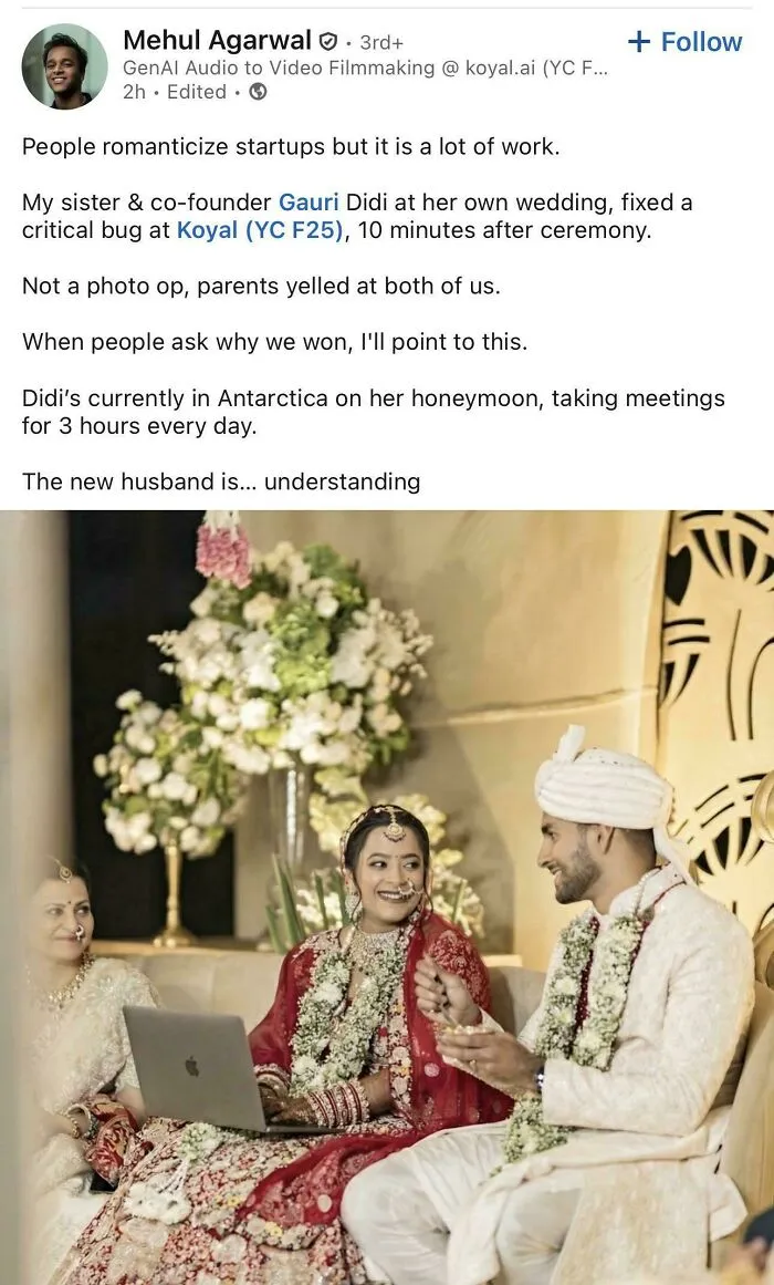 LinkedIn post showing bride fixing startup bug during wedding with laptop and groom nearby