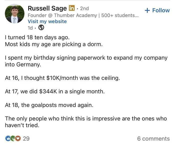 LinkedIn post about young entrepreneur expanding company with high earnings
