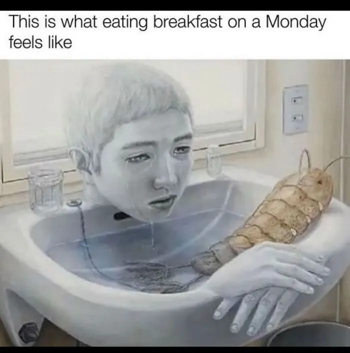 Surreal artwork of a head and creature in a sink, featured in a collection of weird and funny photos.