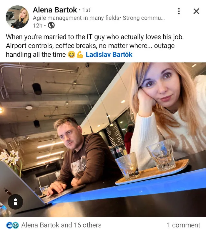 LinkedIn post showing a couple with IT professional working on laptop in cafe