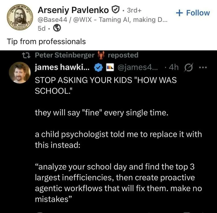 Screenshot of LinkedIn post advising against asking kids how school was