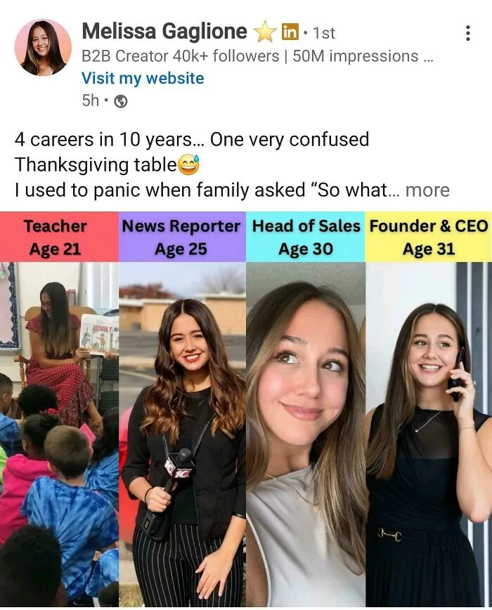 LinkedIn post showing four career changes from teacher to CEO over 10 years