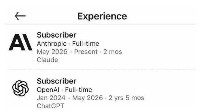 Screenshot of LinkedIn experience listing a subscription to AI service and ChatGPT
