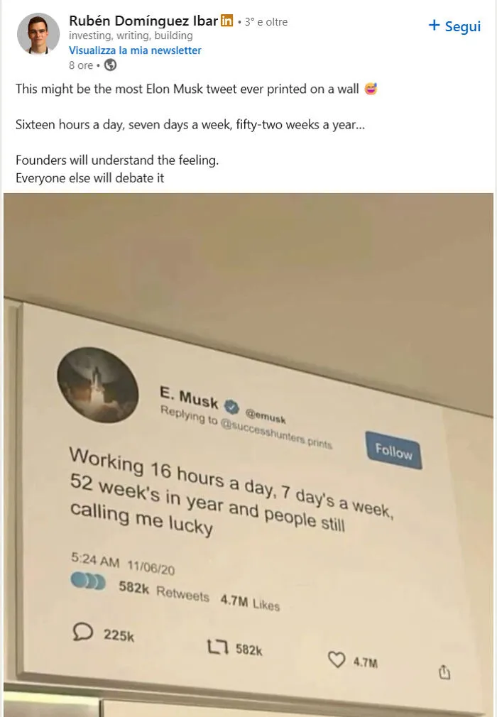 Elon Musk tweet printed on wall about working long hours shared on LinkedIn