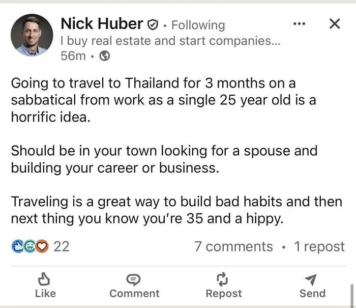 LinkedIn post about traveling and career advice from young entrepreneur