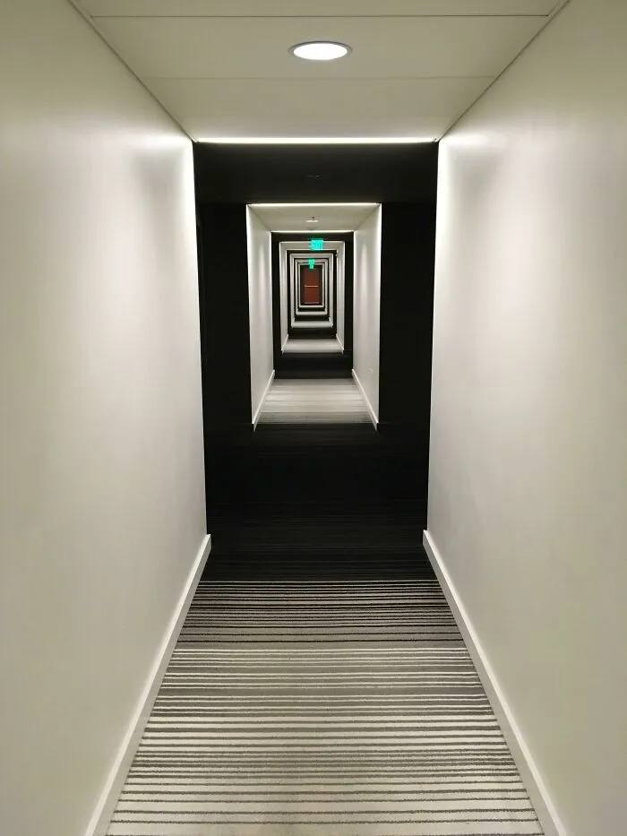 Endless hallway with a black square glitch in the middle