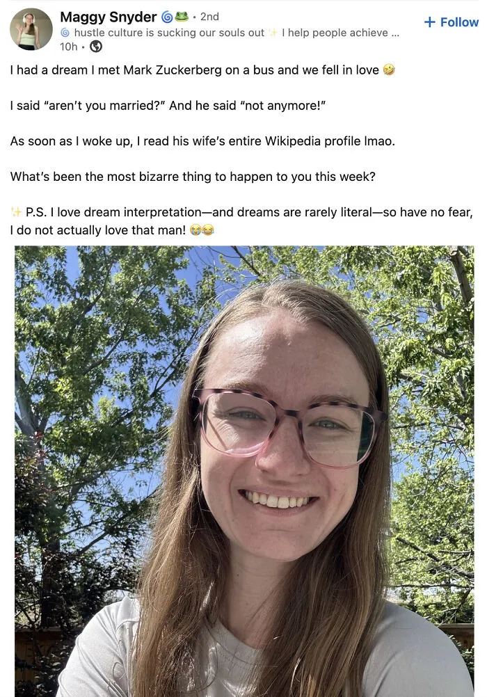 Woman smiling outside sharing funny LinkedIn dream post