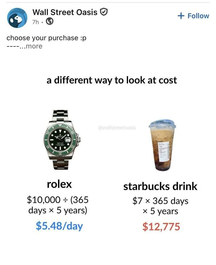 LinkedIn post comparing cost of Rolex watch versus Starbucks drinks over five years