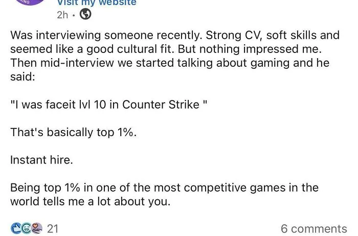 LinkedIn post praising gaming skill as valuable interview trait in tech hiring
