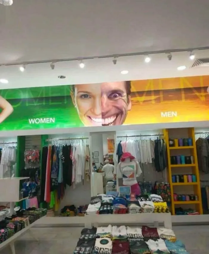 Store banner with a creepy face blend, featured in random weird and funny photos.