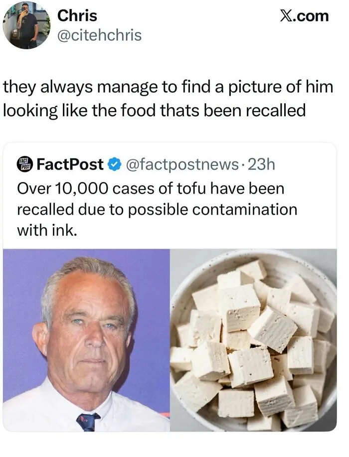 Social media post comparing a politician to diced tofu, featured among funny and weird random photos.
