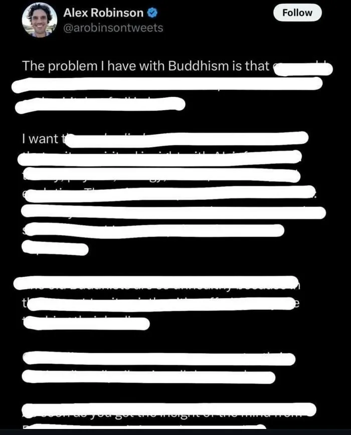 Redacted tweet about Buddhism shown as a weird post in a collection of random photos.