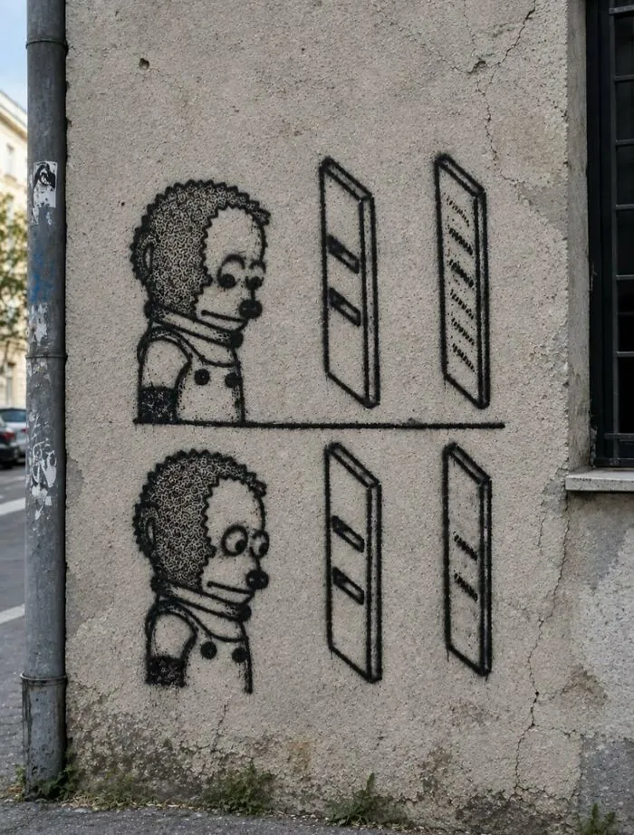 Street art graffiti depicting a cartoon character in two funny and weird random photos.