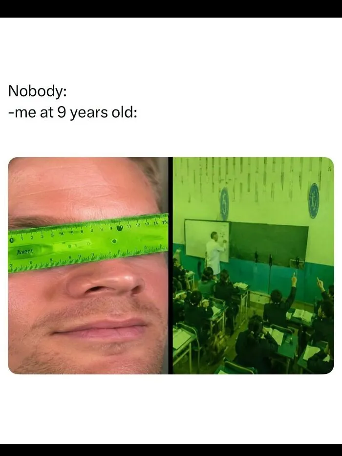 Meme of a person looking through a green ruler in class, part of weird and funny photos.