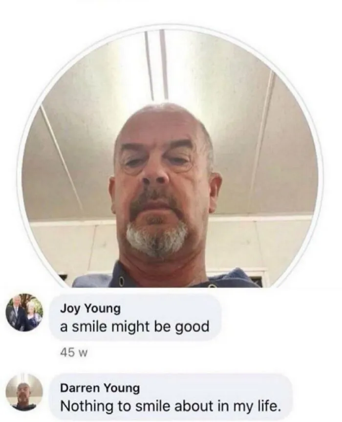 Social media post showing a serious man with a funny comment, examples of weird and funny photos.