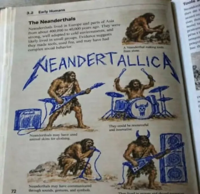History textbook doodles transforming Neanderthals into a rock band called Neandertallica, a weird funny picture.