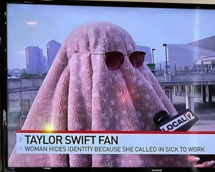 Woman in a blanket disguise interviewed on news, among weird and funny photos.