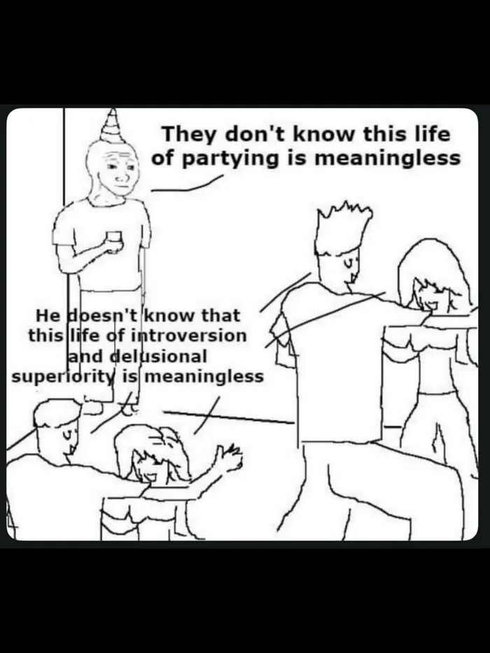 Line drawing meme of a party with ironic text captions, one of many weird and funny photos.