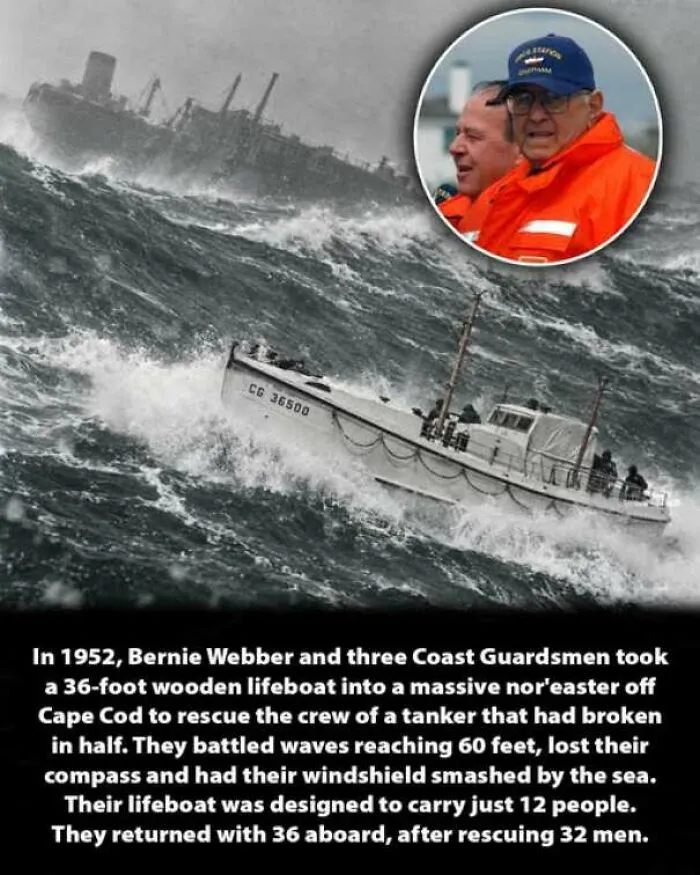 Coast Guard lifeboat battling rough seas during a 1952 rescue mission, highlighting interesting history moments.