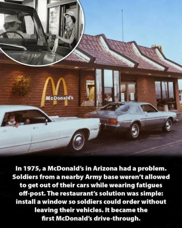 A vintage photo showing one of the interesting history moments detailing the first McDonald drive-through in 1975.