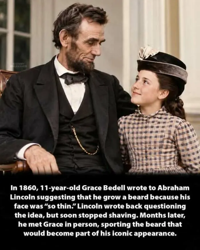 Abraham Lincoln with young Grace Bedell, showcasing memorable history moments about his iconic beard.