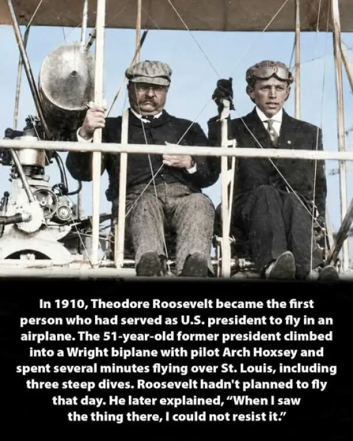Theodore Roosevelt sitting in an early Wright biplane showcasing interesting history moments.