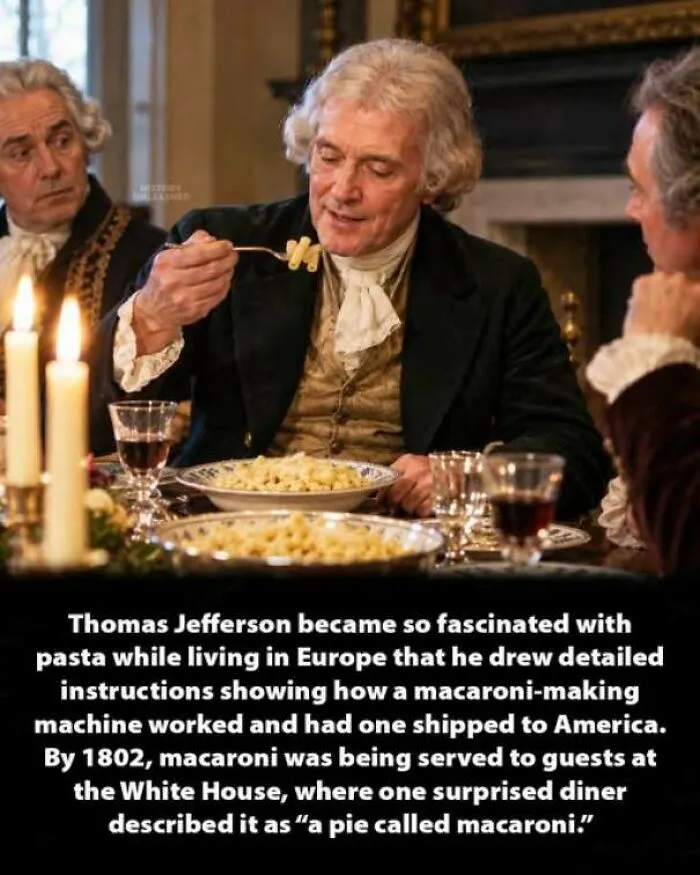 Thomas Jefferson eating macaroni pasta, illustrating interesting history moments from the past.