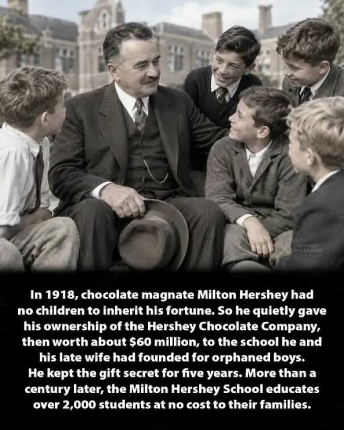 Milton Hershey sitting with school children as part of interesting history moments.
