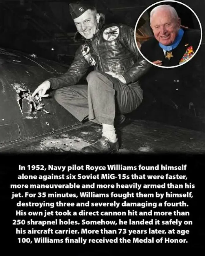 Navy pilot Royce Williams inspecting battle damage on his jet in interesting history moments.