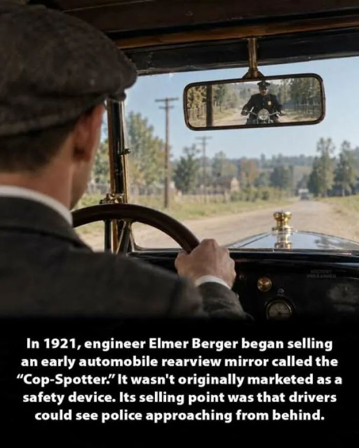 Driver using an early 1921 Cop-Spotter rearview mirror, showcasing history moments.