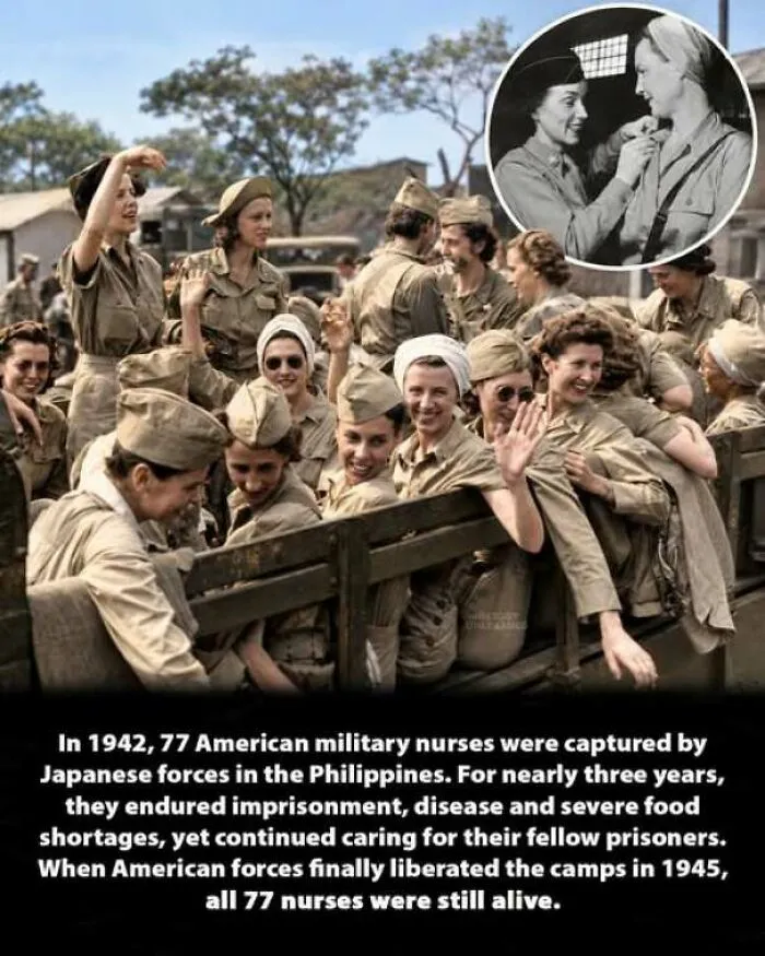 Group of American military nurses smiling after liberation in one of history moments.