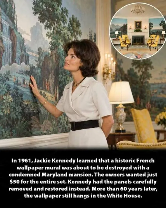 Jackie Kennedy admiring a French wallpaper mural saved in 1961, an interesting history moment.