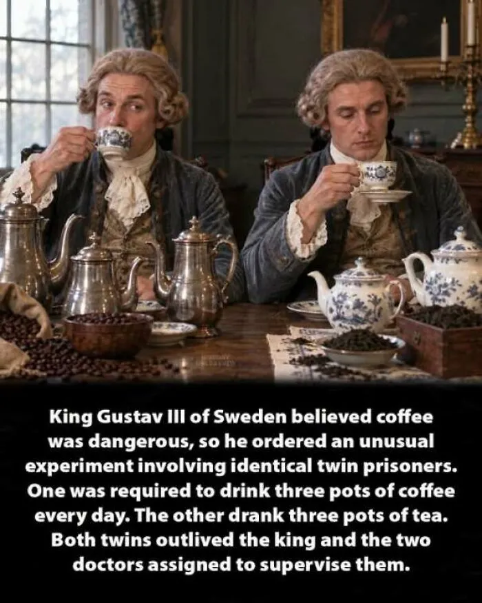Two men in historical attire drinking coffee and tea for a Swedish experiment, showing unusual history moments.
