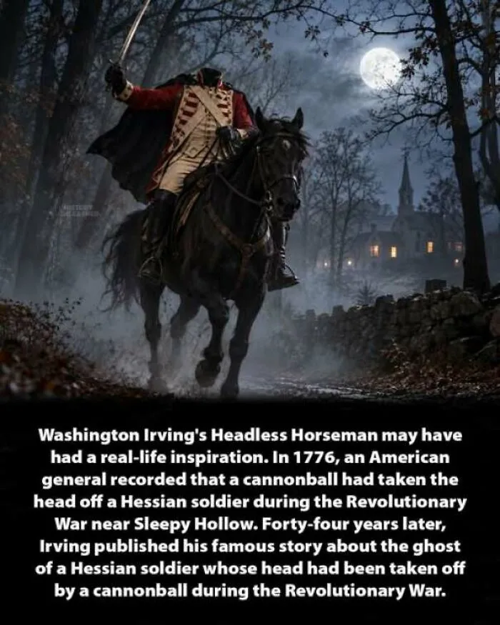 Depiction of the Headless Horseman riding a black horse at night, an interesting history moment.