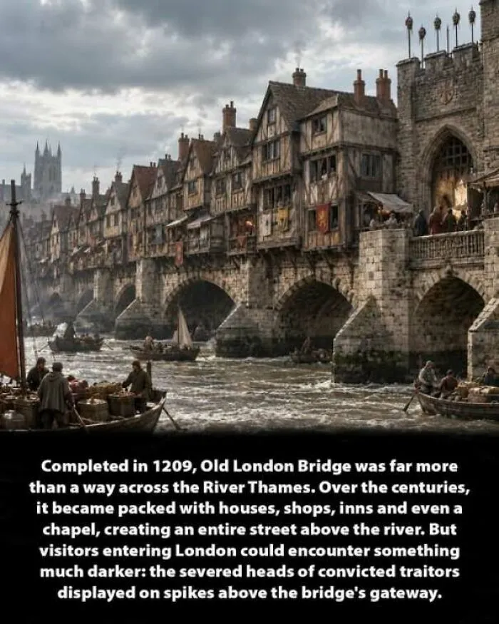 Historic depiction of Old London Bridge filled with buildings and boats on the river.