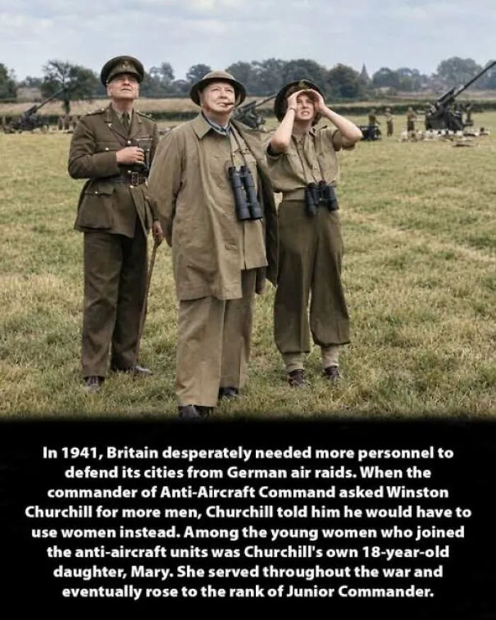 Winston Churchill standing with military personnel looking up at the sky.