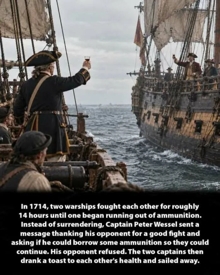 Naval captains raising a toast between warships, capturing an interesting history moment from 1714.