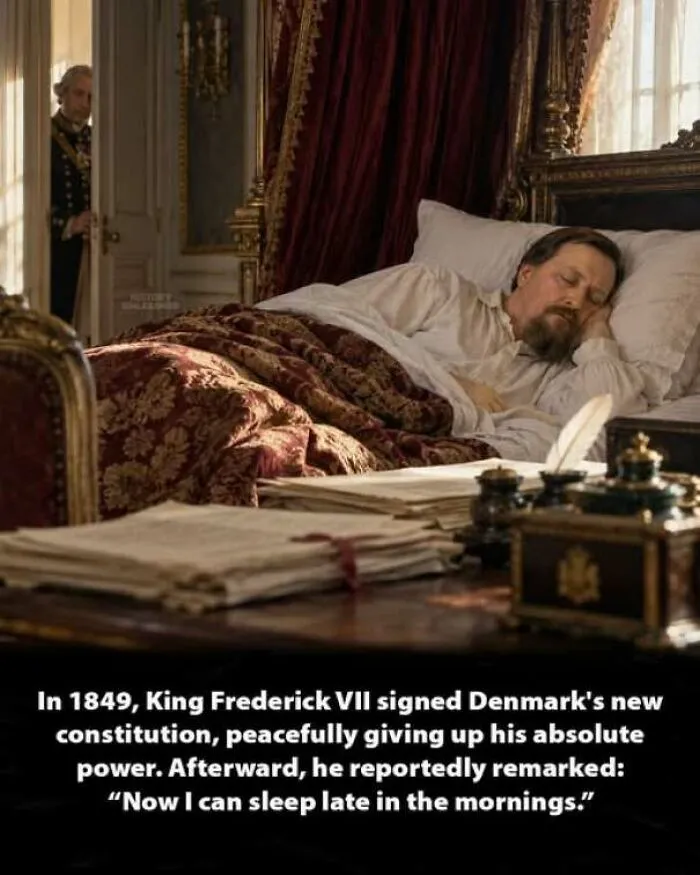 King Frederick VII sleeping peacefully in bed, illustrating an interesting history moment after signing the constitution.