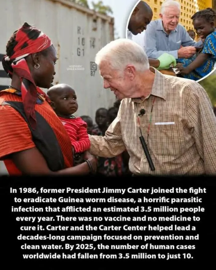 Jimmy Carter with a mother and child in Africa, depicting an interesting history moment of disease eradication.