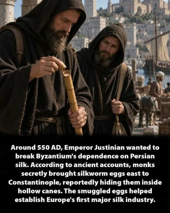 Monks hiding silkworm eggs in hollow canes, an interesting history moment about Constantinople silk.