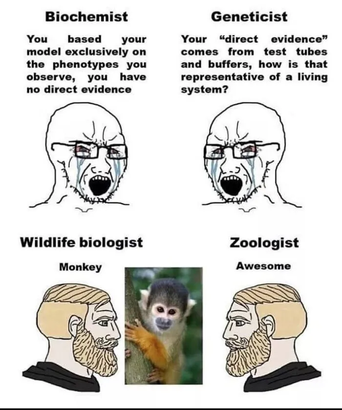 Biologist and zoologist meme contrasting views with crying faces and monkey photo