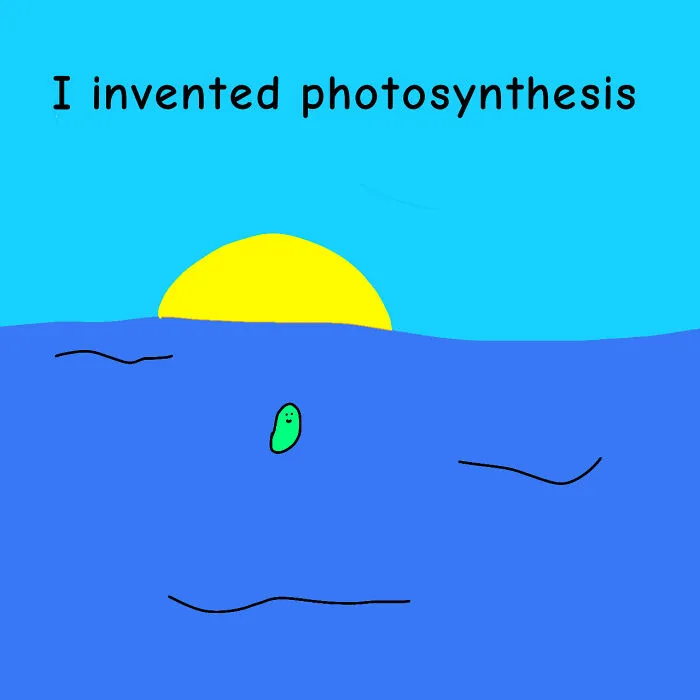 Funny biology meme with microorganism claiming to invent photosynthesis at sunrise