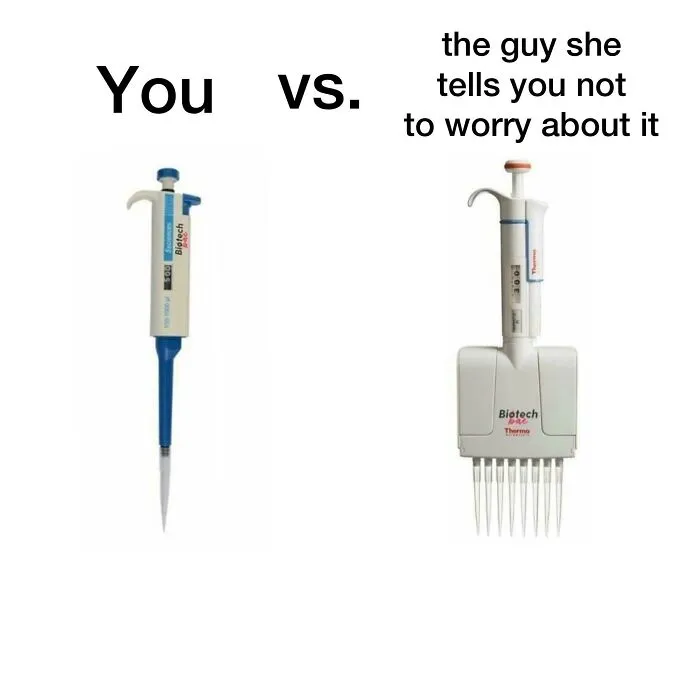 Biology lab meme comparing single-channel and multi-channel pipettes.