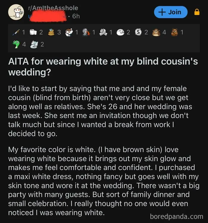 Reddit post questioning wearing white at blind cousin's wedding