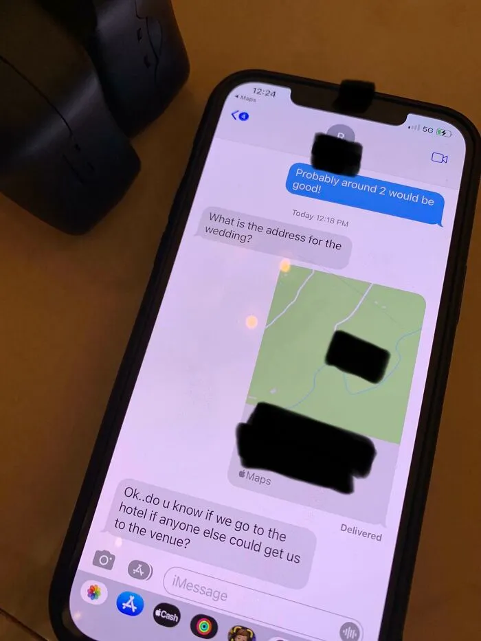 Screenshot of text messages asking for wedding address and hotel shuttle info
