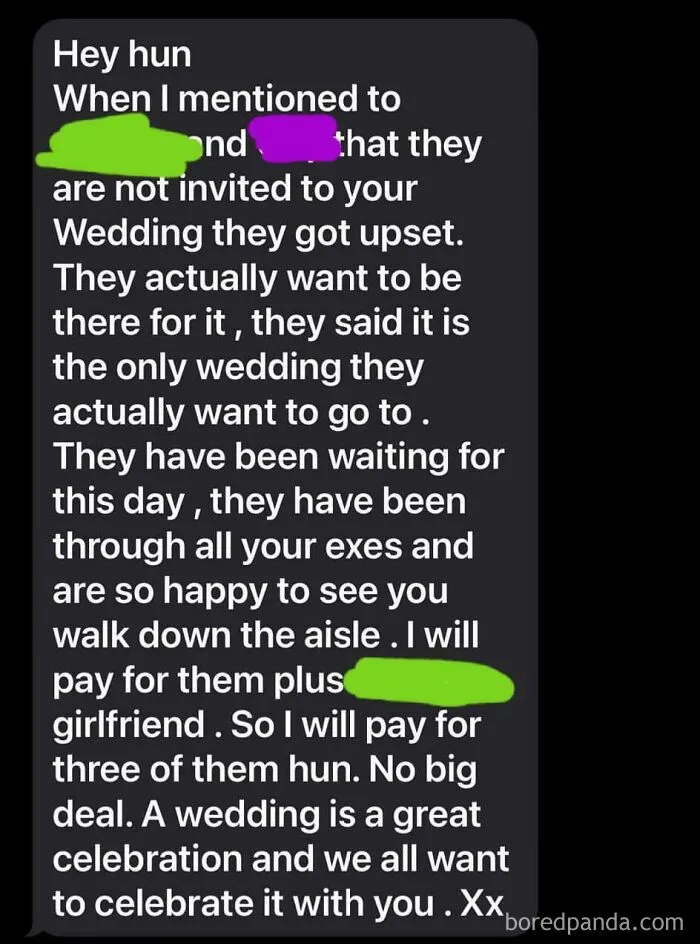 Text about someone offering to pay for extra wedding guests upset about not being invited