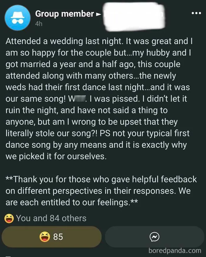 Text of a wedding guest upset that newlyweds played the same first dance song as their own wedding