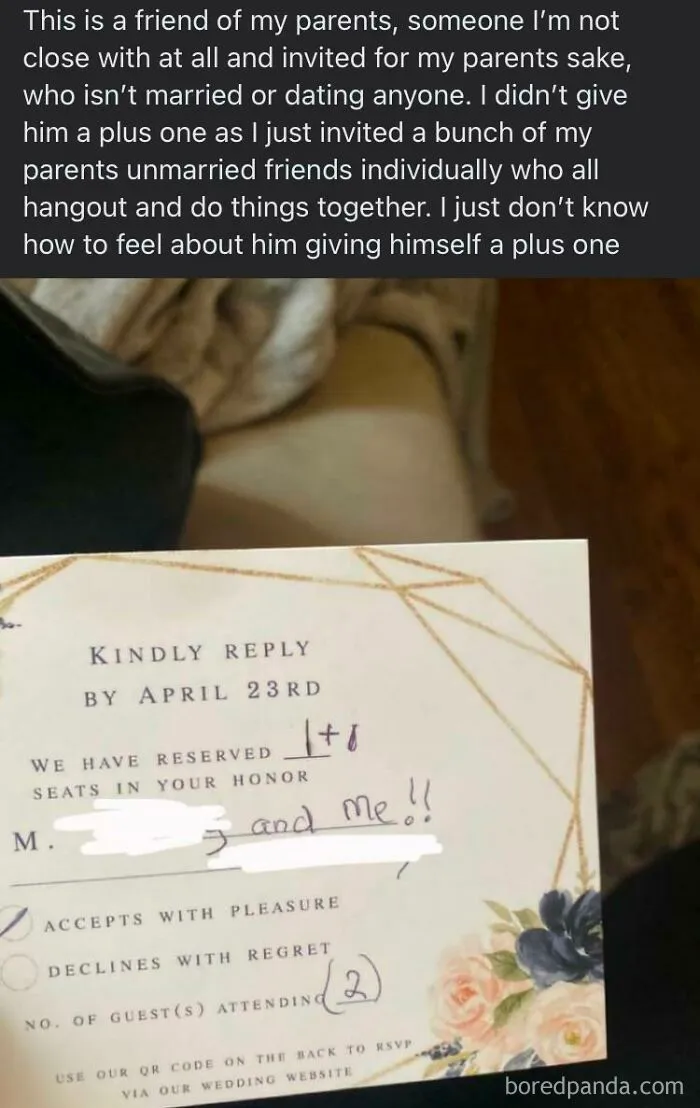 Wedding RSVP card showing guest added a plus one without permission